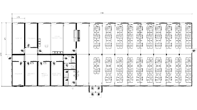 Планировка столовая на 100 посадочных мест, площадь 415 кв.м. - 28 блок-контейнеров
