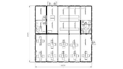 Планировка столовой-кафе на 40 посадочных мест, площадь 150 кв.м. - 10 блок-контейнеров