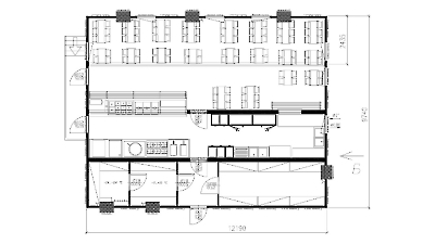 Планировка столовой-кафе на 50 посадочных мест, площадь 120 кв.м. - 8 блок-контейнеров