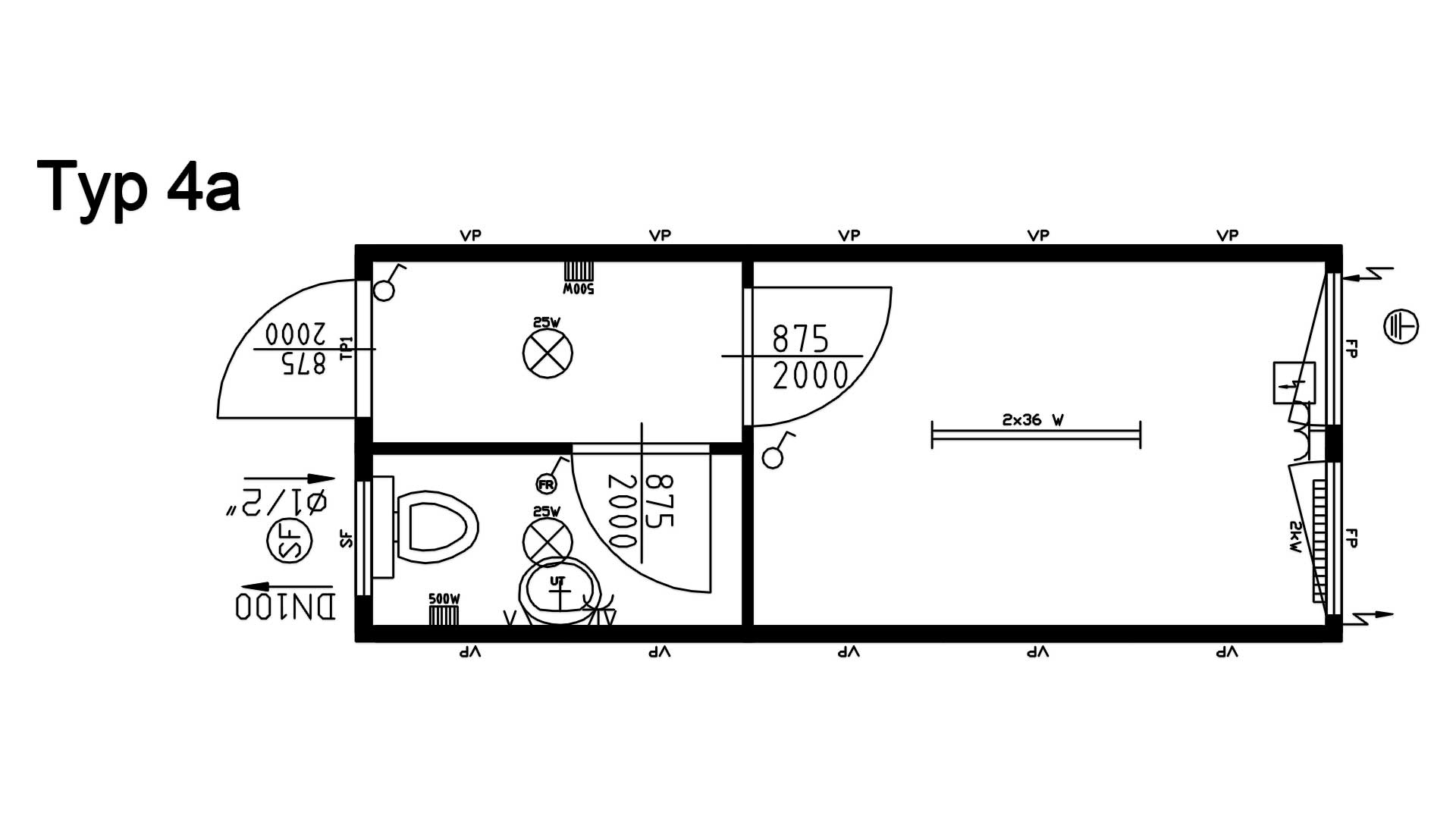 Планировка офиса с туалетом (1 унитаз, 1 умывальник) 20-футов, размеры: 6055/2435/2591 (Д/Ш/В) мм