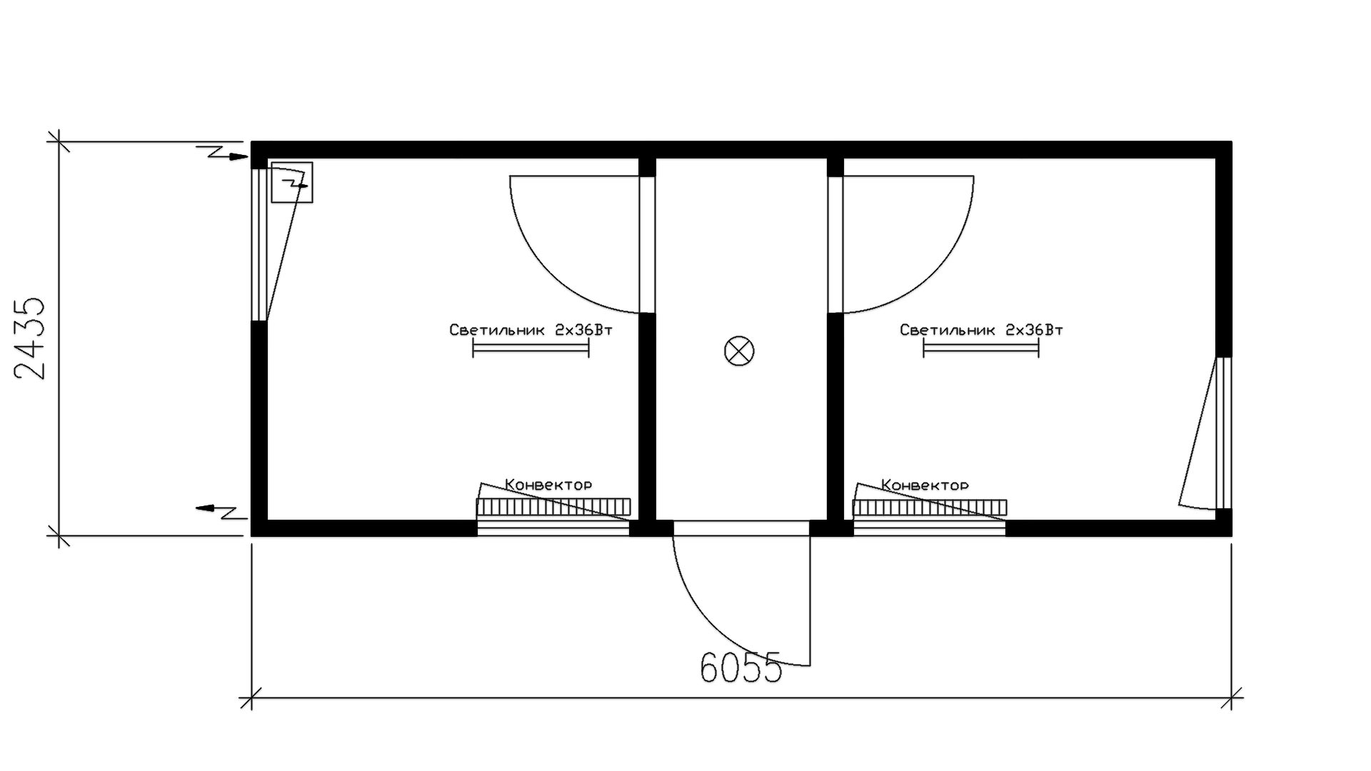 Планировка блок-контейнера распашонка (4 окна, 2 двери внутренние, 1 дверь входная) 20-футов, размеры: 6055/2435/2750 (Д/Ш/В) мм