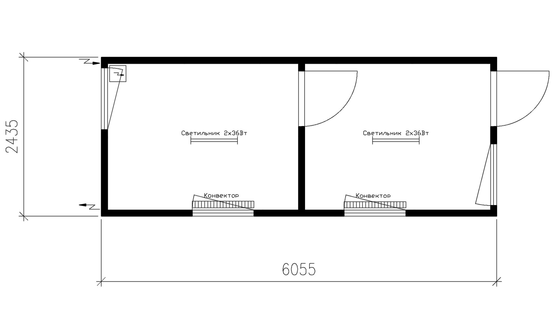 Планировка офисного контейнера 2 секции (4 окна, 2 конвектора, 1 дверь наружная, 1 дверь внутренняя)