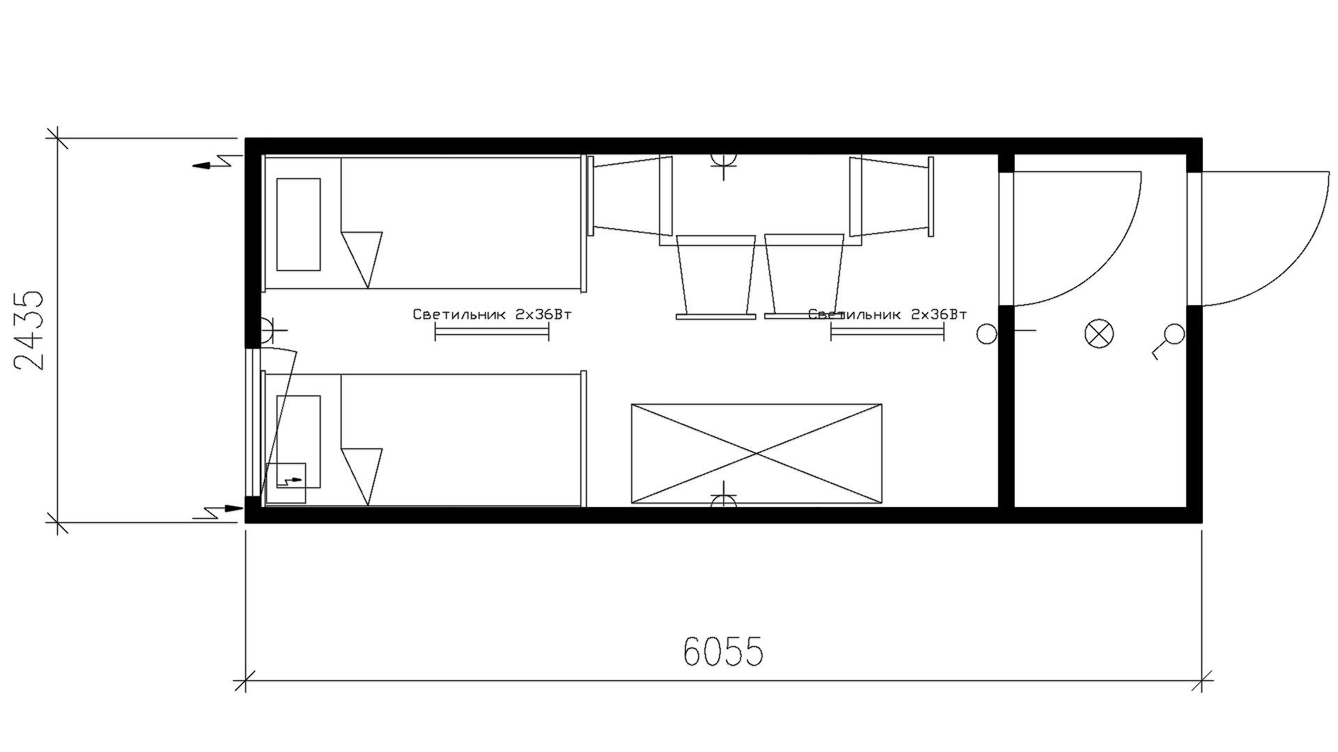 Планировка жилого контейнера с тамбуром (1 окно, 1 вн.дверь, 1 нар.дверь) 20-футов, размеры: 6055/2435/2750 (Д/Ш/В) мм