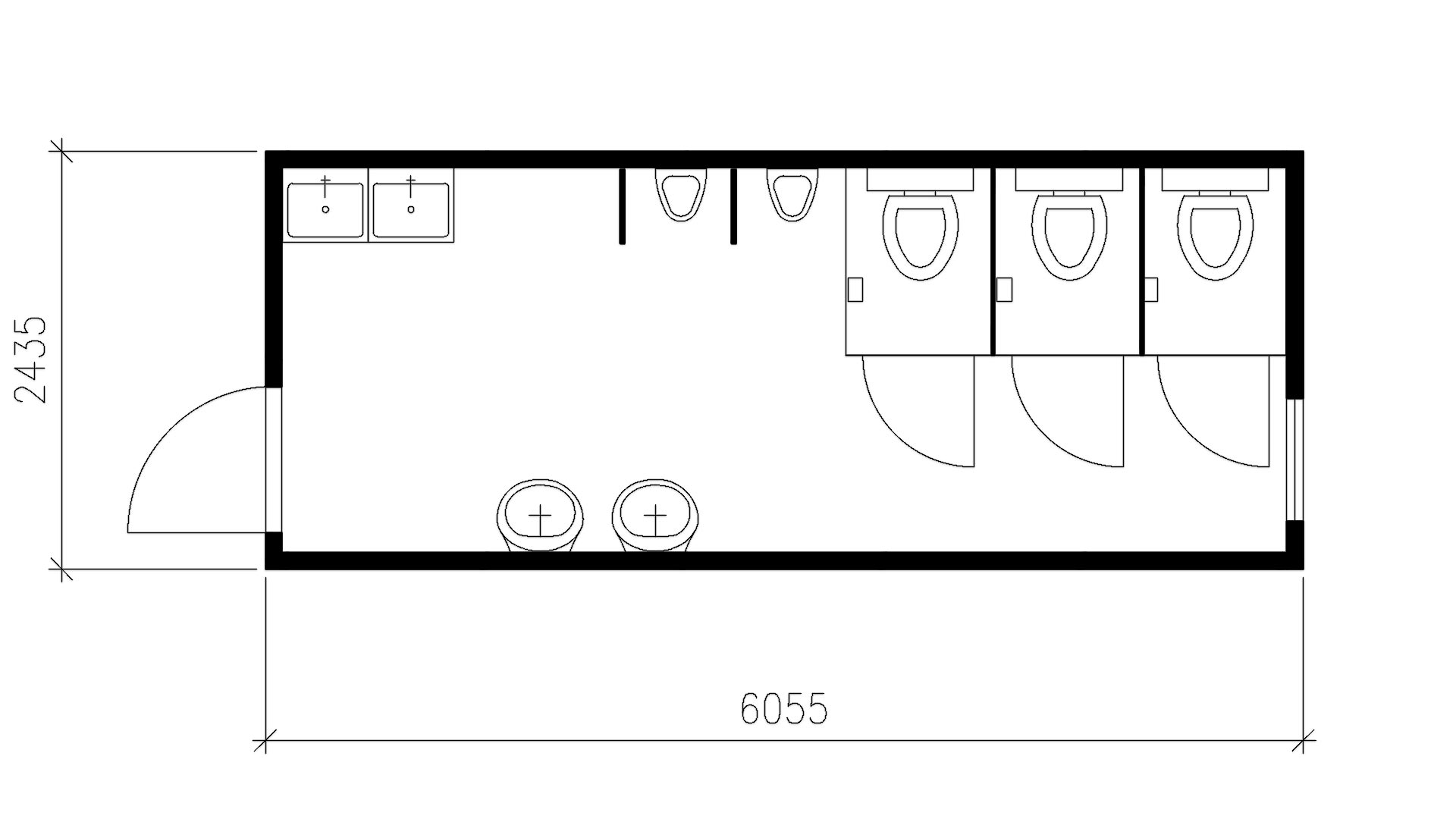Планировка блок контейнера туалет (3 кабины, 2 писсуара, 2 умывальника, 2 чистка сапог) 20-футов, размеры: 6055/2435/2750 (Д/Ш/В) в мм