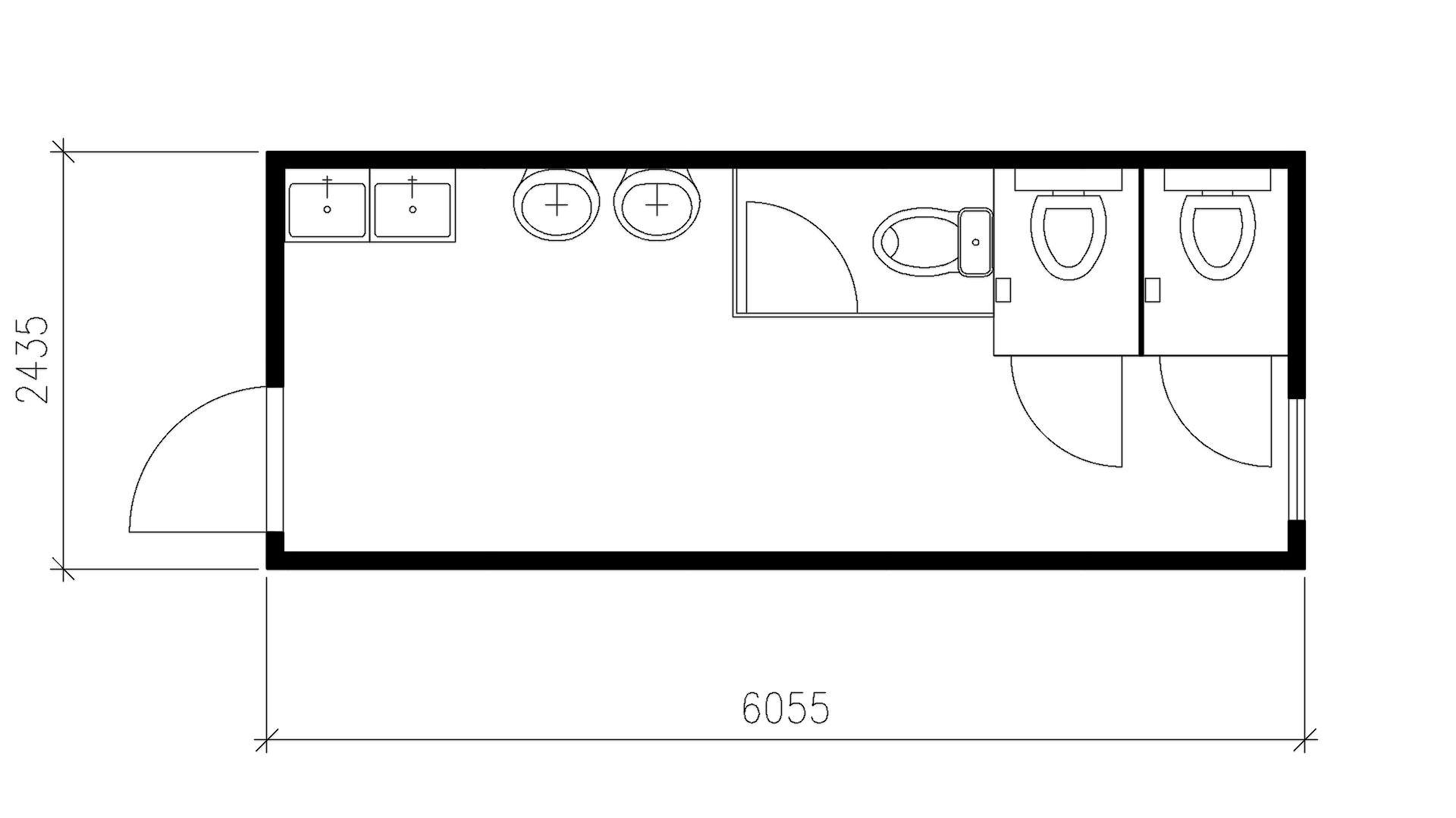 Планировка блок-контейнера туалет (3 туалетные кабины, 4 рукомойника) 20-футов, размеры: 6055/2435/2750 (Д/Ш/В) мм