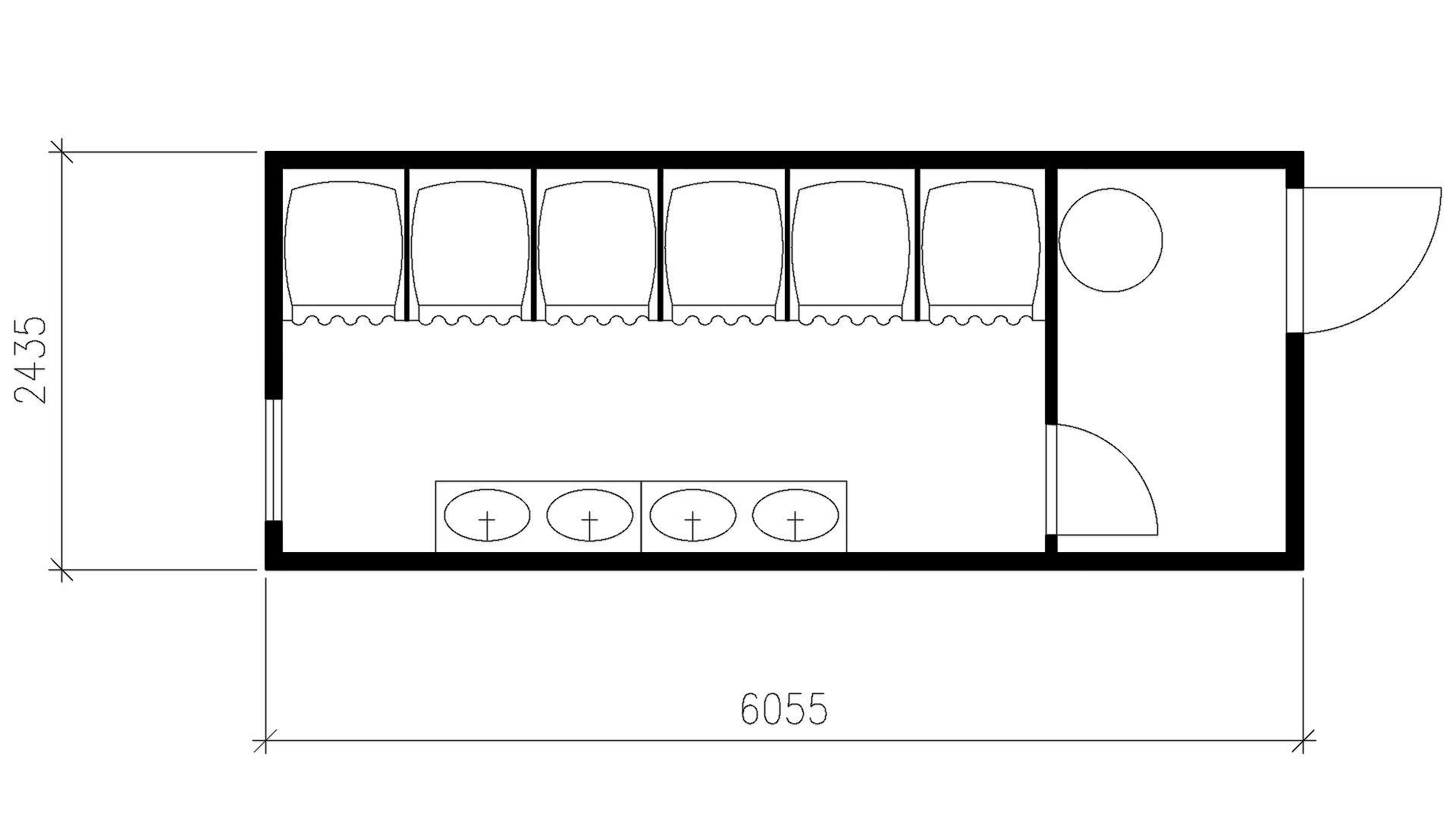 Планировка контейнера душевой с тамбуром (6 душевых кабин, 4 умывальника, 1 бойлер) 20-футов, размеры: 6055/2435/2750 (Д/Ш/В) в мм
