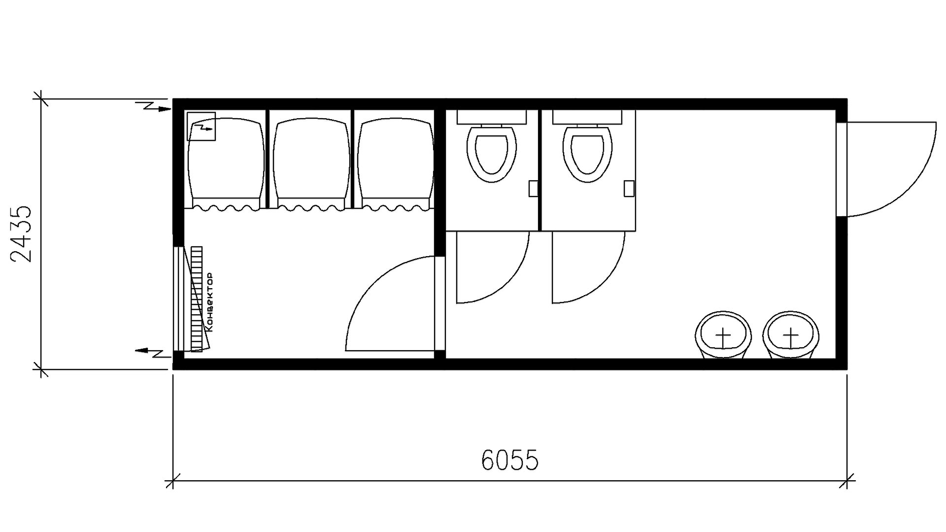Планировка туалет/душ 2 секции (3 душевых кабинки, 2 унитаза, 2 умывальника) 20-футов, размеры: 6055/2435/2750 (Д/Ш/В) в мм