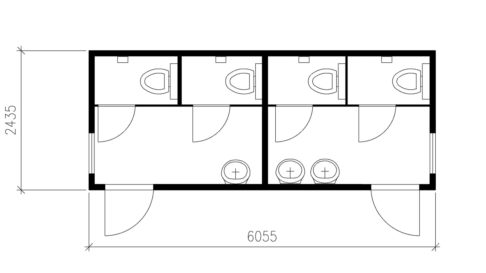 Планировка туалета М/Ж (4 туалетных кабины, 3 умывальника) 20-футов, размеры: 6055/2435/2750 (Д/Ш/В) мм