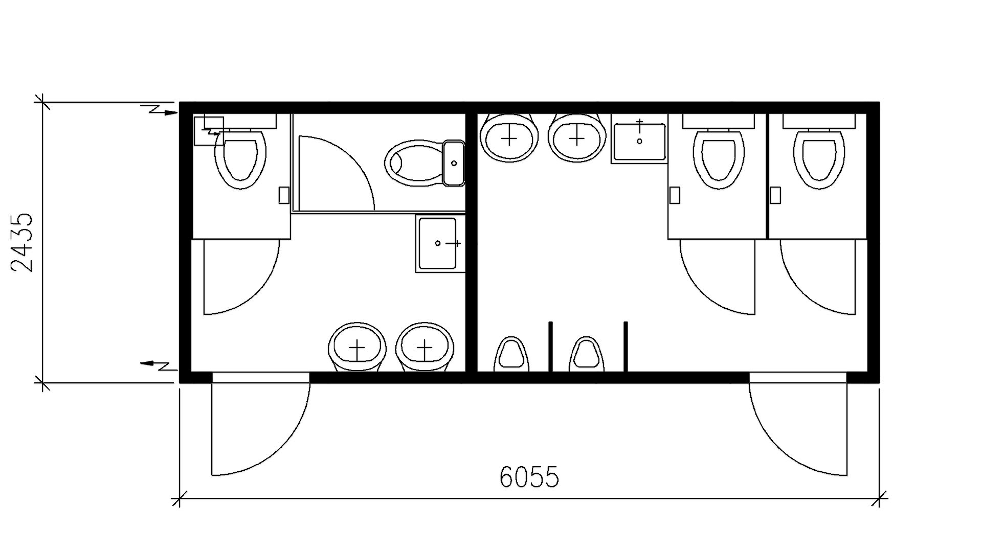 Планировка туалета на 2 секции (4 унитаза, 6 умывальников, 2 писсуара) 20-футов, размеры: 6055/2435/2750 (Д/Ш/В) в мм